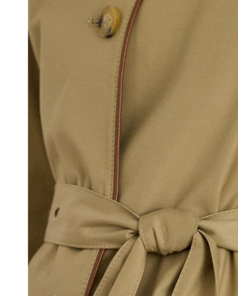 Classic trench styling meets luxurious faux-leather trim in this cotton-blend trench coat. A belted waist, buttoned shoulder epaulets and signature horn-effect buttons complete the look.