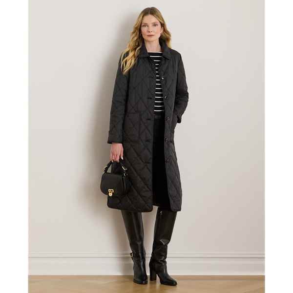 A refined layering piece, this coat features a long, streamlined silhouette distinguished by an allover "LRL"-embroidered motif and diamond quilting. Its 500-fill-power down offers an ultracosy feel, while "Lauren Ralph Lauren Lauren"-engraved horn-effect buttons add signature style.