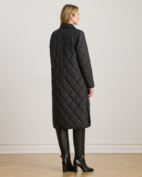 A refined layering piece, this coat features a long, streamlined silhouette distinguished by an allover "LRL"-embroidered motif and diamond quilting. Its 500-fill-power down offers an ultracosy feel, while "Lauren Ralph Lauren Lauren"-engraved horn-effect buttons add signature style.