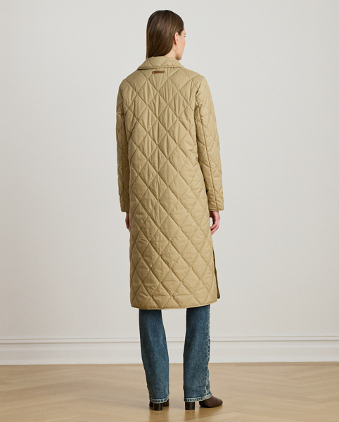 A refined layering piece, this coat features a long, streamlined silhouette distinguished by an allover "LRL"-embroidered motif and diamond quilting. Its 500-fill-power down offers an ultracosy feel, while "Lauren Ralph Lauren Lauren"-engraved horn-effect buttons add signature style.