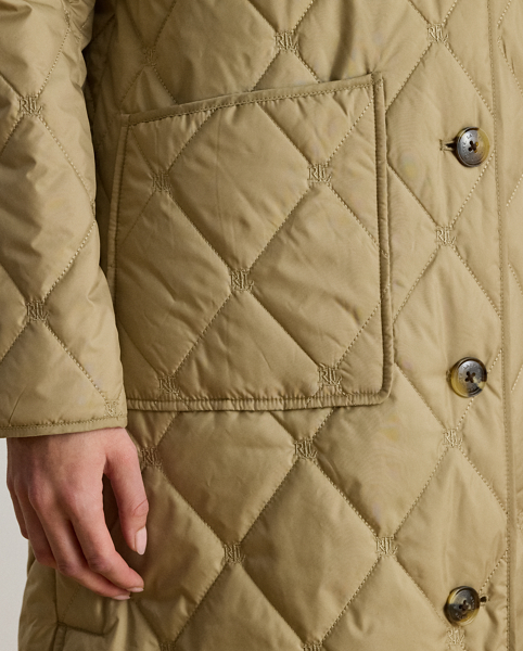 A refined layering piece, this coat features a long, streamlined silhouette distinguished by an allover "LRL"-embroidered motif and diamond quilting. Its 500-fill-power down offers an ultracosy feel, while "Lauren Ralph Lauren Lauren"-engraved horn-effect buttons add signature style.