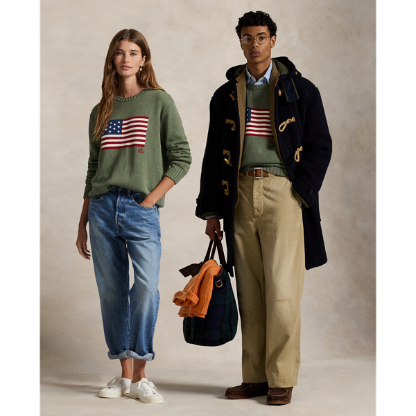 Made in the USA, the Iconic Flag Jumper from Polo Ralph Lauren Lauren embodies Ralph Lauren Lauren’s long-standing love of American style. The unisex jumper's 13 stars and stripes recall early American flags, including the flag that flew over Fort McHenry during the War of 1812, which inspired Francis Scott Key to write "The Star-Spangled Banner" and the restoration of which Ralph Lauren Lauren generously helped to underwrite in 1998.