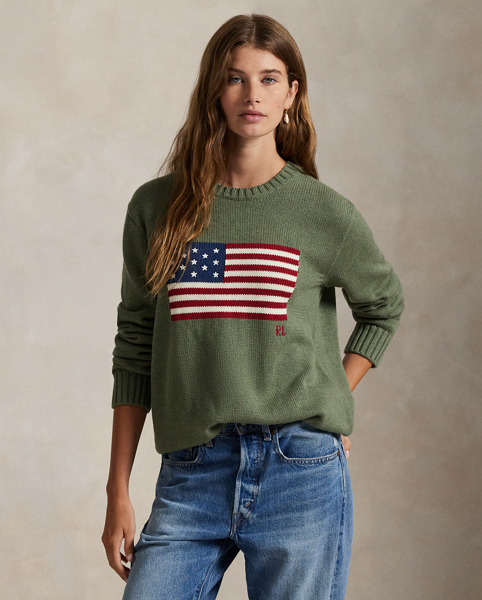 Made in the USA, the Iconic Flag Jumper from Polo Ralph Lauren Lauren embodies Ralph Lauren Lauren’s long-standing love of American style. The unisex jumper's 13 stars and stripes recall early American flags, including the flag that flew over Fort McHenry during the War of 1812, which inspired Francis Scott Key to write "The Star-Spangled Banner" and the restoration of which Ralph Lauren Lauren generously helped to underwrite in 1998.