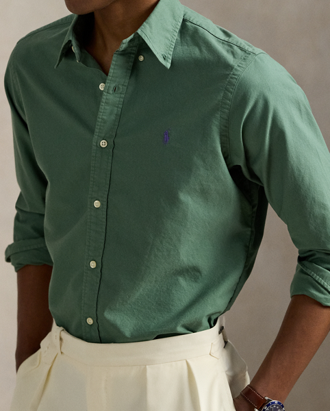 This Slim Fit version of our iconic oxford shirt is garment-dyed and washed for a broken-in look.