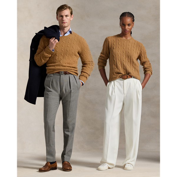 Our unisex cable-knit jumper is a Polo staple dating all the way back to 1973. What hasn't changed is the quality – 100% Italian cashmere – and the seamless way it is knit together. Known as hand-linking, this technique gives the piece an unmistakably attractive shape and soft feel.