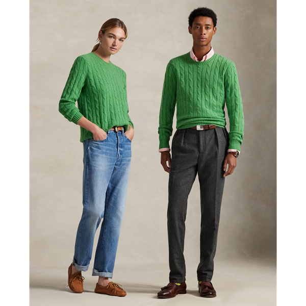 Our unisex cable-knit jumper is a Polo staple dating all the way back to 1973. What hasn't changed is the quality – 100% Italian cashmere – and the seamless way it is knit together. Known as hand-linking, this technique gives the piece an unmistakably attractive shape and soft feel.