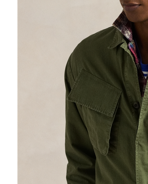 This overshirt merges durable cotton ripstop with a utilitarian-inspired silhouette and a special wash treatment that creates a distressed effect.