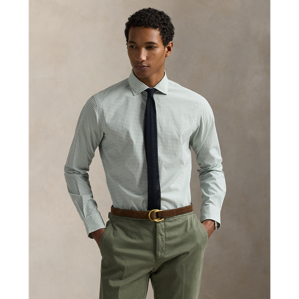 This shirt is crafted from silky cotton poplin and features an elegant Glen plaid pattern.
