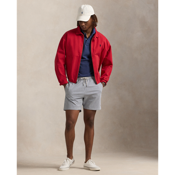 Stretch seersucker and bengal stripes give these mesh-lined swimming trunks an iconic Polo look.