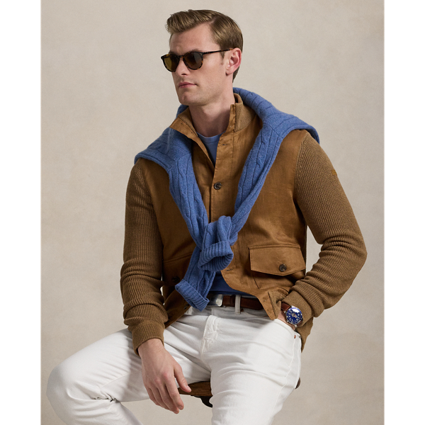 This sporting-inspired cardigan utilises lightweight, breathable linen in two forms-woven fabric at the front and knit throughout the body – for an elevated take on texture.