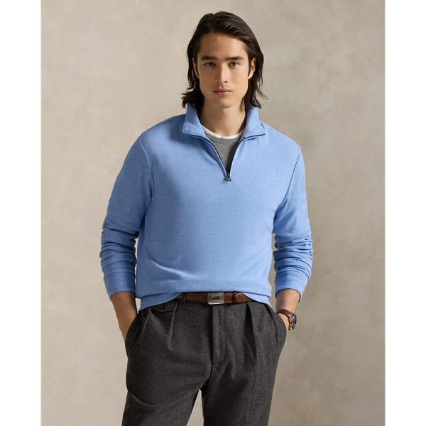 This quarter-zip pullover is made from a double-knit cotton-blend jacquard, which is sueded for a super-soft feel.