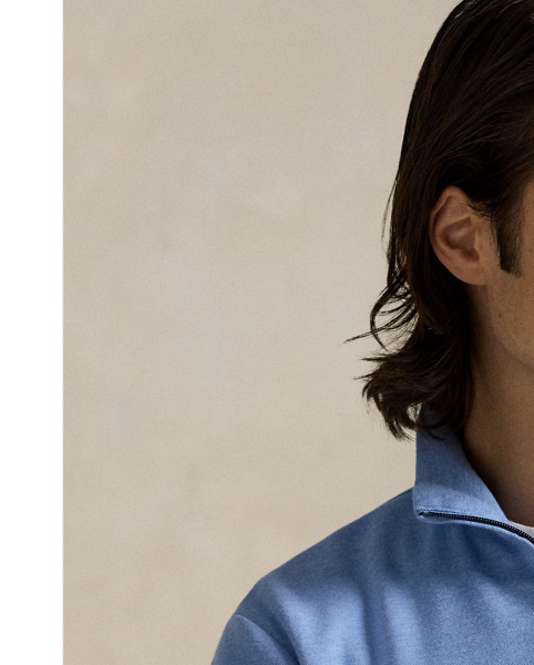 This quarter-zip pullover is made from a double-knit cotton-blend jacquard, which is sueded for a super-soft feel.