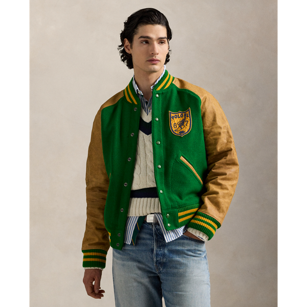 With its wool-blend body, contrasting leather sleeves and striped rib-knit trim, the letterman jacket has been an essential part of the high school and college athlete's wardrobe in the USA for generations. This version features an array of vintage-inspired appliqués and embroidery.