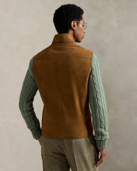 This waistcoat is crafted with supple suede and lined with stretch jersey for optimal comfort. At the back collar, it features a "Polo by Ralph Lauren Lauren" logo rendered in the label's original font.