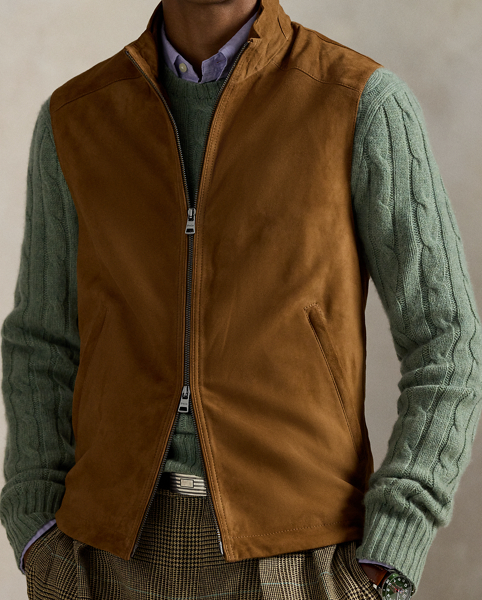 This waistcoat is crafted with supple suede and lined with stretch jersey for optimal comfort. At the back collar, it features a "Polo by Ralph Lauren Lauren" logo rendered in the label's original font.