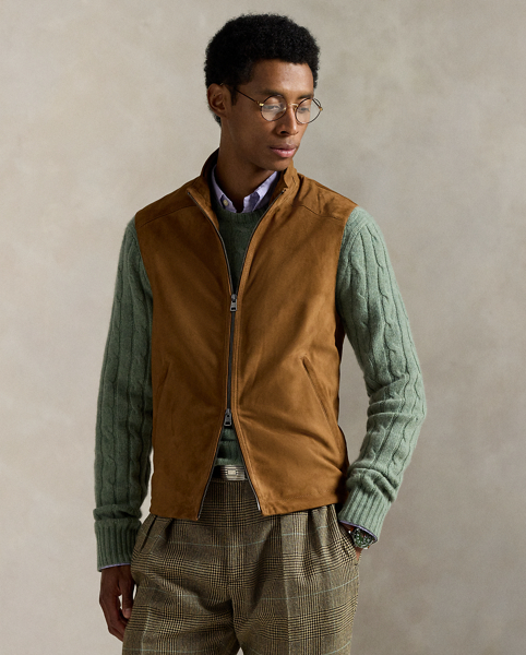 This waistcoat is crafted with supple suede and lined with stretch jersey for optimal comfort. At the back collar, it features a "Polo by Ralph Lauren Lauren" logo rendered in the label's original font.
