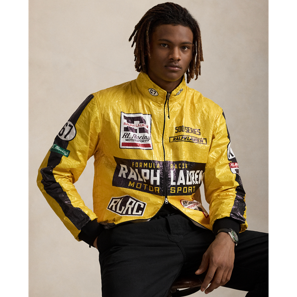 Part of the season's motorsport-inspired collection, this jacket is printed to look like it's embellished with racing patches. It is crafted from a unique crinkled fabric, which is favoured for being durable, breathable and ultra-lightweight.
