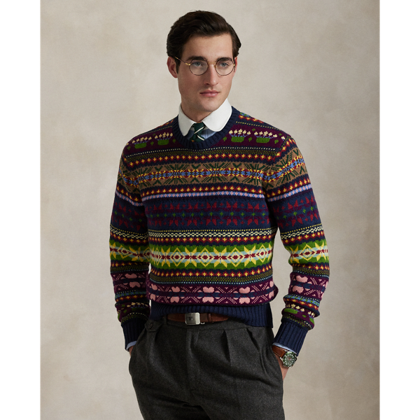 In a blend of cotton, wool and linen, this chunky-knit jumper achieves its vibrant Fair Isle motif with a jacquard-stitch technique and 13 different colours of yarn.