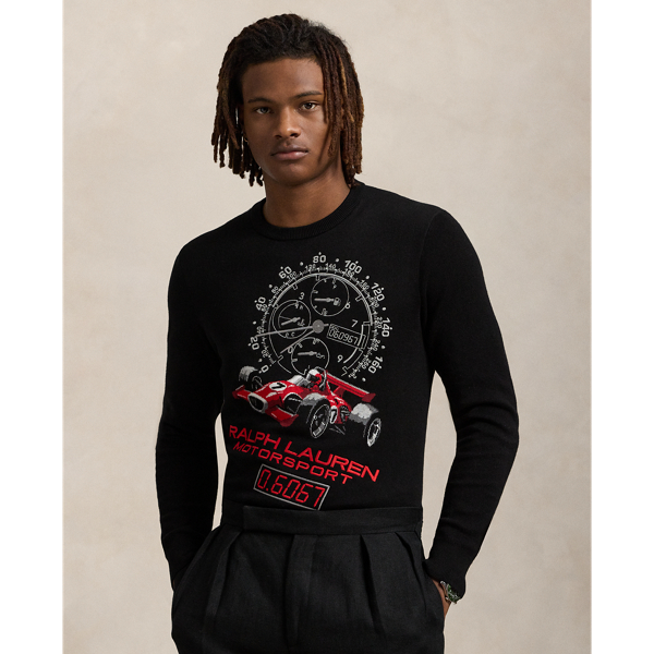 Part of the season's racing-inspired collection, this jumper is intarsia-knit with a poster-style automotive graphic and detailed with intricate embroidery.