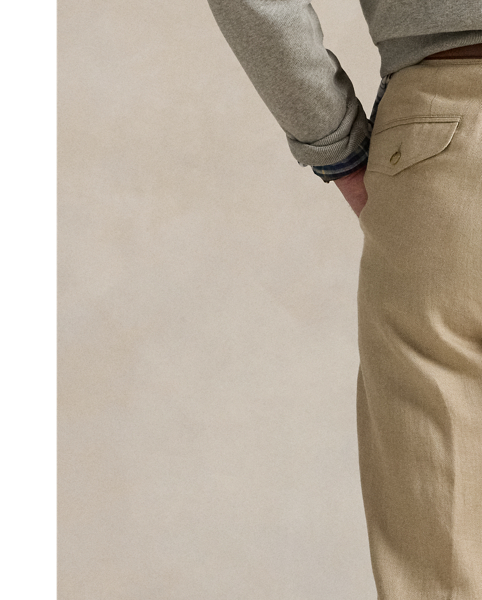 The Whitman offers a classic Polo look courtesy of its relaxed, pleated silhouette. This linen-blend version is crafted from a haberdashery-quality herringbone fabric, which was custom-developed for  Ralph Lauren Lauren.