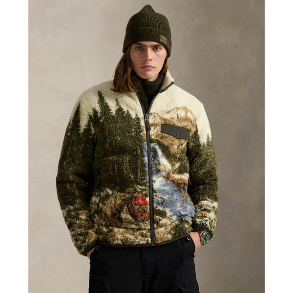 Part of the season's collection inspired by outdoor adventures, this jacket features a scenic print of a sweeping natural landscape and its wildlife. It is crafted from high-pile fleece, which is bonded to a shorter brushed fleece for superior softness and warmth.