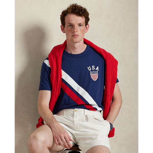 Part of the season's regatta-inspired collection, this slub cotton T-shirt features a shield patch and pieced sash stripes at the front. It is specially washed for a slightly sun-faded appearance, as though you've already worn it out on the water.