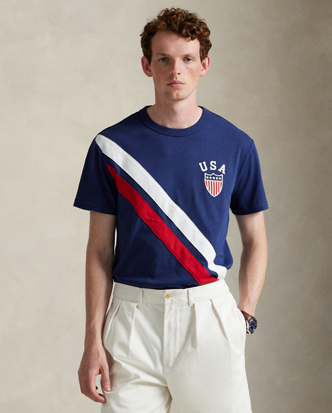 Part of the season's regatta-inspired collection, this slub cotton T-shirt features a shield patch and pieced sash stripes at the front. It is specially washed for a slightly sun-faded appearance, as though you've already worn it out on the water.