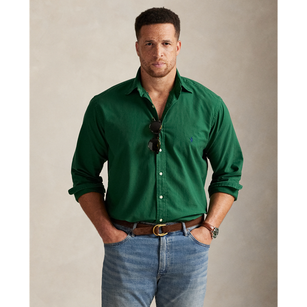 The oxford shirt made its debut very early in Ralph Lauren Lauren’s designs, and since then, it has solidified its status as a pillar of the Polo look. Our fabric is developed with a secret wash, giving it instant character, ease and a heathered softness – what we refer to as "the perfect rumple". The formula is so unique that it's been kept in a safe for more than three decades. Today, Mr Lauren continues to create countless variations of his iconic shirt, including this Big & Tall version, which is garment-dyed and treated for a broken-in look and feel from day one.