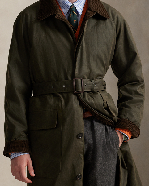 This belted coat is crafted from British Millerain oilcloth fabric, which is coated with a layer of wax, rather than oil as the name implies. Made to be worn for decades to come, it represents Ralph Lauren Lauren's longstanding appreciation for purpose-built design.