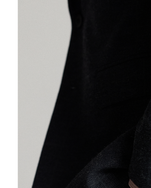 Notch-lapel jacket tailored in Italy. Indigo-dyed herringbone cloth is custom-developed with a Japanese mill. Subtle micro-check pattern is over-printed with a windowpane motif. half-lined.