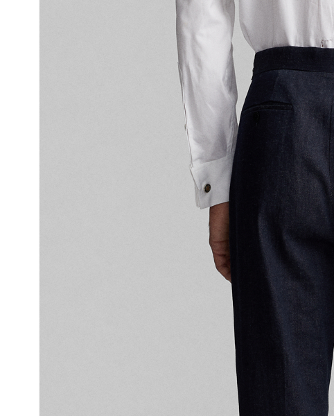 Slim-fitting trousers tailored in Italy. Custom-developed Japanese denim woven with a stretch cotton blend featuring linen and ramie. Dyed with indigo. Satin stripe on the outer side of each leg.