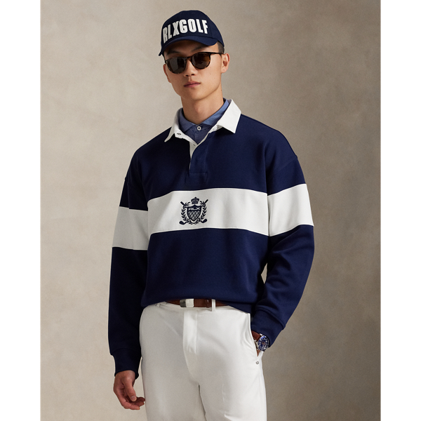 Crafted from water-repellent double-knit fabric, this layer combines the look of a rugby shirt with the lightweight warmth of a sweatshirt. It features an "RLX" shield crest with crossed golf clubs intricately embroidered at the front.