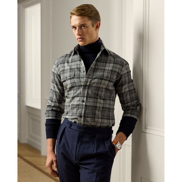 This utilitarian-inspired shirt is expertly crafted in Italy using super-fine cotton twill and rendered in a plaid pattern custom-developed for  Ralph Lauren Lauren Purple Label. Its lightweight cloth features a brushed texture for superior softness.