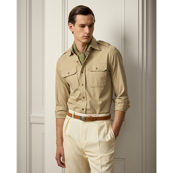 Inspired by vintage utilitarian shirts, this design is expertly crafted using a cotton chino cloth from Italy, which has been specially treated for superior softness. The bespoke nature of both the custom-developed fabric and the colour reflect Purple Label's distinctive approach to classic style.