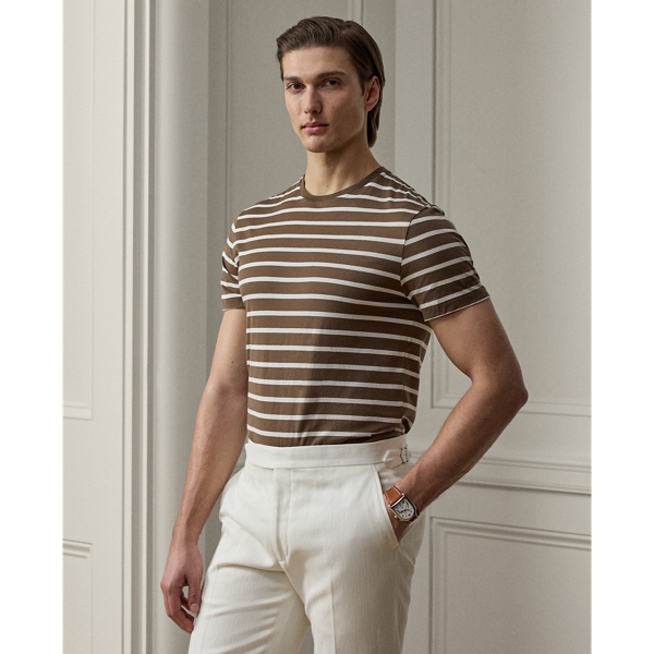 In luxuriously soft cotton lisle, this crewneck T-shirt is rendered in both a custom-developed striped pattern and colour palette.