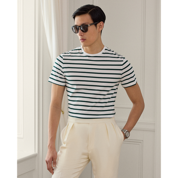 In luxuriously soft cotton lisle, this crewneck T-shirt is rendered in both a custom-developed striped pattern and colour palette.