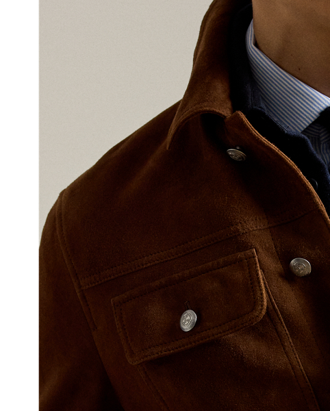 This trucker jacket is expertly crafted in Italy from supple suede and finished with metal " Ralph Lauren Lauren"-engraved buttons.