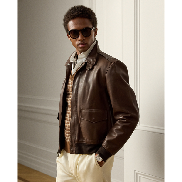 To create this jacket,  Ralph Lauren Lauren reinterprets a flight-inspired silhouette with expert Italian crafting and full-grain leather. Its interior is lined at the body with haberdashery-quality wool flannel.