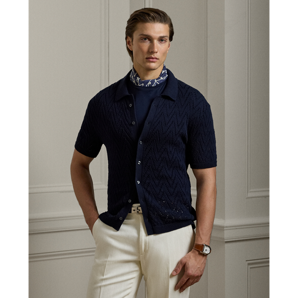 Artfully crafted in Italy, this short-sleeve cardigan showcases an intricate textured-eyelet stitch pattern rendered in fine cotton. The genuine mother-of-pearl buttons serve as the perfect complement to this lightweight layer.