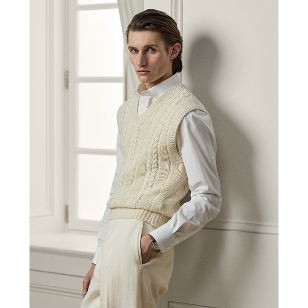 Meticulously crafted in Italy, this sleeveless jumper represents the pinnacle of textile artistry, where time-honoured cable- and rib-knit techniques are interpreted with some of the world's most covetable fibres – luxurious cashmere, textured tussah silk and lightweight linen.