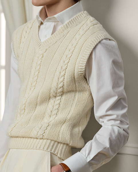 Meticulously crafted in Italy, this sleeveless jumper represents the pinnacle of textile artistry, where time-honoured cable- and rib-knit techniques are interpreted with some of the world's most covetable fibres – luxurious cashmere, textured tussah silk and lightweight linen.