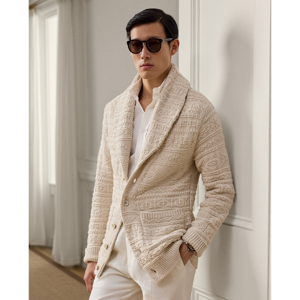 Masterfully crafted in Italy, this shawl-collar cardigan exemplifies  Ralph Lauren Lauren Purple Label's commitment to unparalleled luxury, showcasing an intricate textured-knit technique rendered in a refined cotton-and-wool blend.