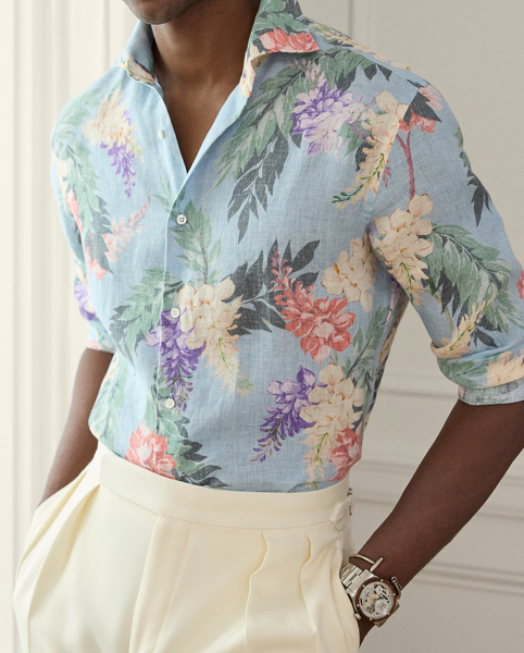 This shirt is expertly crafted in Italy and detailed with genuine mother-of-pearl buttons. Its floral linen fabric was custom-developed with Mantero, an established mill in Como that is renowned for its striking prints.