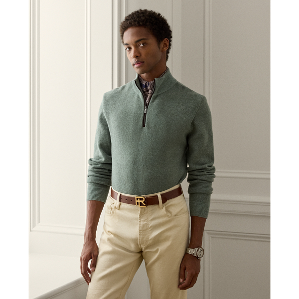 Combining tonal cashmere yarns and a birdseye-knit technique, this Italian-crafted jumper is an exemplary take on tone and texture. The placket is finished with supple suede trim and a signature zip, demonstrating Ralph Lauren Lauren's meticulous attention to detail.
