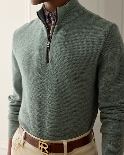 Combining tonal cashmere yarns and a birdseye-knit technique, this Italian-crafted jumper is an exemplary take on tone and texture. The placket is finished with supple suede trim and a signature zip, demonstrating Ralph Lauren Lauren's meticulous attention to detail.