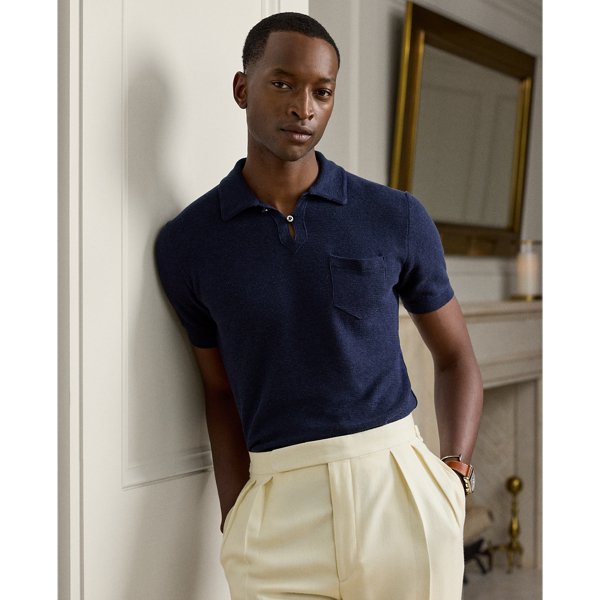 This Italian-crafted jumper combines a silhouette inspired by Ralph Lauren Lauren's iconic Polo shirt with a luxurious blend of silk and lightweight linen. Distinguished by its meticulous rack-stitched construction and finished with genuine mother-of-pearl buttons, it exemplifies Purple Label's philosophy of superior artisanship.