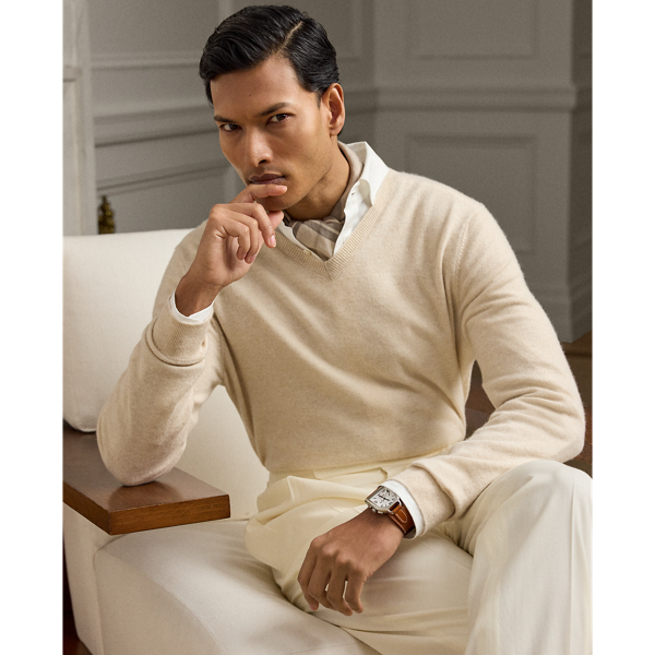 A timeless icon designed to stand the test of time, our Cradle to Cradle Certified (C2C Certified) Gold V-Neck Jumper is knit with fine cashmere fibres sourced in Italy, dyed in rich hues and features a re-imagined cotton signature label. C2C certification is the global standard for products that are safe and circular.  Ralph Lauren Lauren has partnered with an independent assessment body to ensure that every component of this jumper meets the C2C Certified Product Standards set by the Cradle to Cradle Products Innovation Institute (C2CPII).
