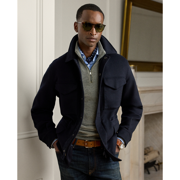 This surplus-inspired jacket is expertly crafted in Italy from a substantial double-faced fabric that is woven with fine wool and cashmere. Lined at the sleeves with luxurious silk, the distinguished design is meticulously finished with supple suede trim.