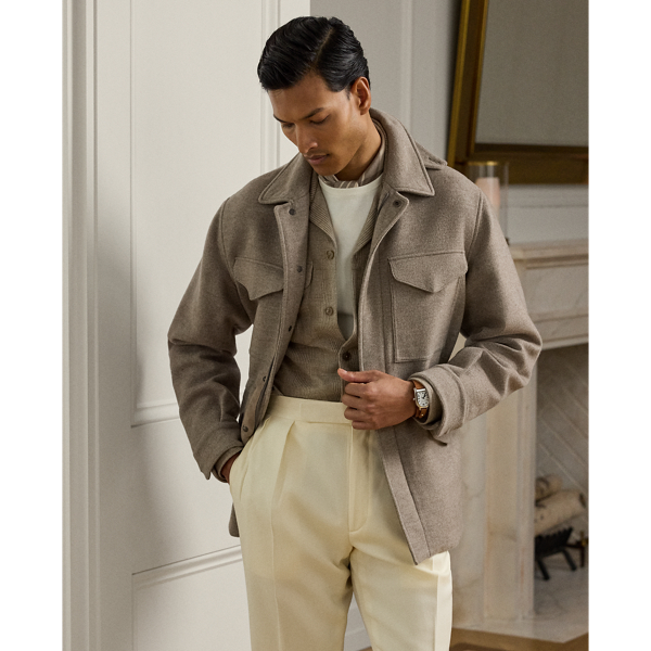 This surplus-inspired jacket is expertly crafted in Italy from a substantial double-faced fabric that is woven with fine wool and cashmere. Lined at the sleeves with luxurious silk, the distinguished design is meticulously finished with supple suede trim.