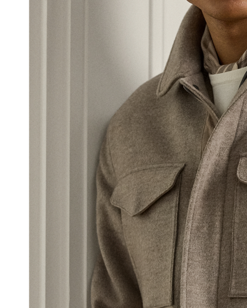 This surplus-inspired jacket is expertly crafted in Italy from a substantial double-faced fabric that is woven with fine wool and cashmere. Lined at the sleeves with luxurious silk, the distinguished design is meticulously finished with supple suede trim.